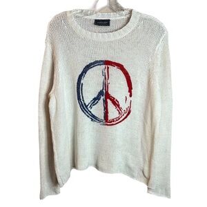 Wooden Ships‎ Sz S/M Red Cream Crew Neck Sweater Peace Sign